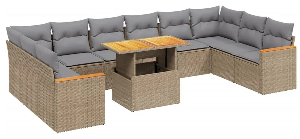 Set divani da giardino 11 pz con cuscini beige in polyrattan