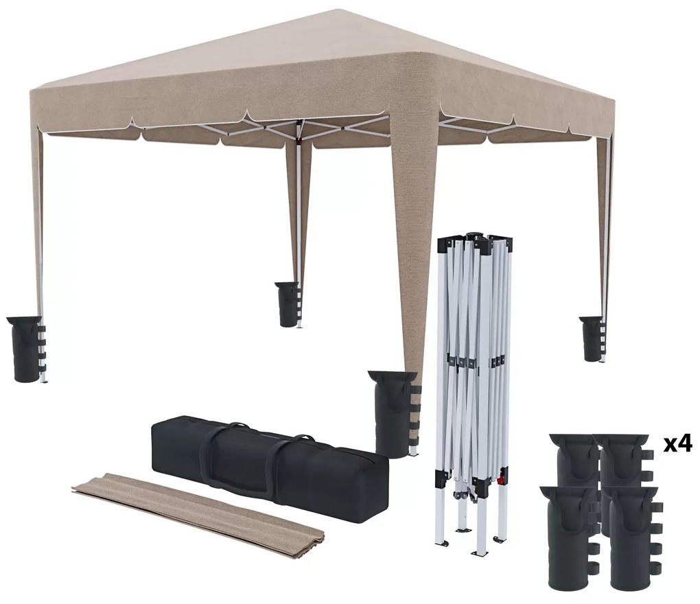 Gazebo Pieghevole Impermeabile 3 x 3 M Da Giardino Con 4 Sacche Per Pesi E Sacca Di Trasporto Chiusura A Fisarmonica Per Fiere Campeggio Esterno Piscina Struttura Acciaio Copertura 160 gr/m² (Tortora)