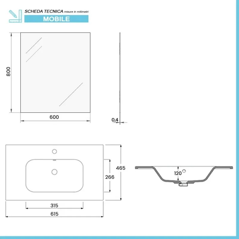 Mobile bagno sospeso 60 cm noce gold con lavabo e specchio Dafne
