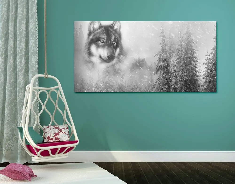 Quadro su tela – Lupo nel paesaggio innevato in bianco e nero