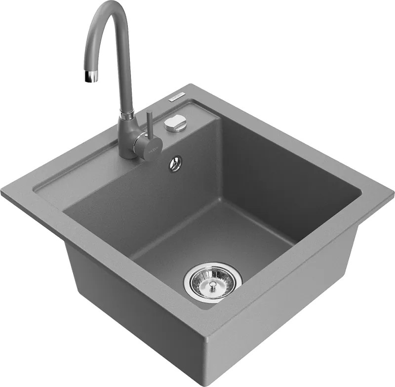 Mexen Vito lavello in granito a 1 vasca con rubinetto da cucina Telma, grigio - 6503-71-670200-71