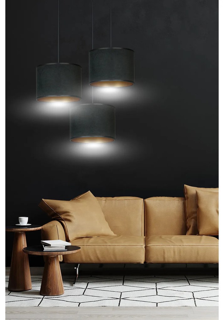 Lampadario Tondo 3 Luci Ganesha In Acciaio Nero E Paralumi In Tessuto Nero