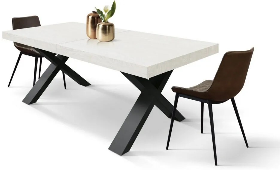 Tavolo allungabile AMALFI in legno effetto bianco frassinato e gambe a X antracite, allungabile 160×90 cm – 240×90 cm