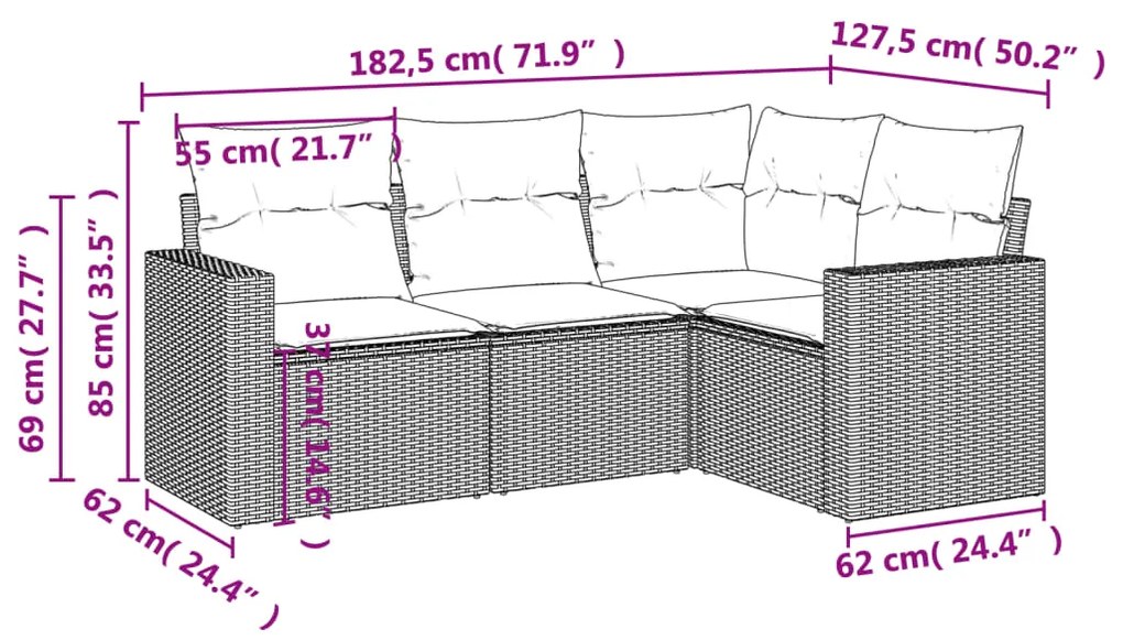 Set divani da giardino 4 pz con cuscini nero in polyrattan