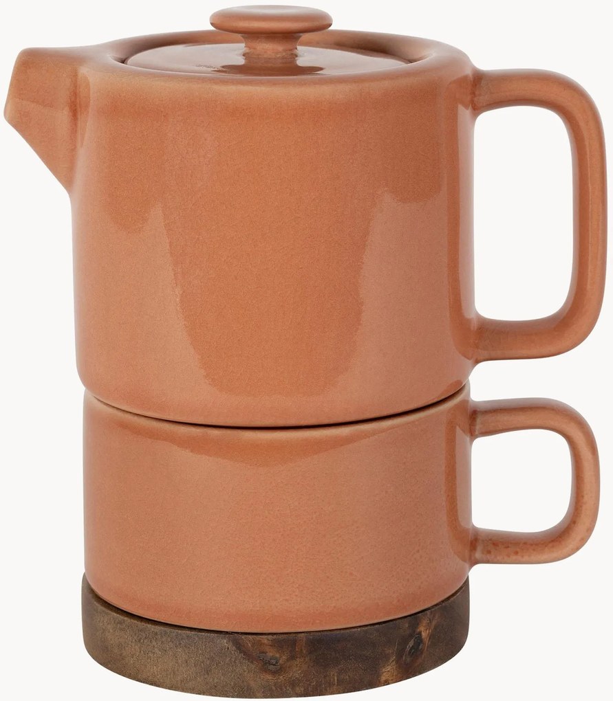 Teiera e tazza da tè in gres con filtro e base in legno di acacia Nordika