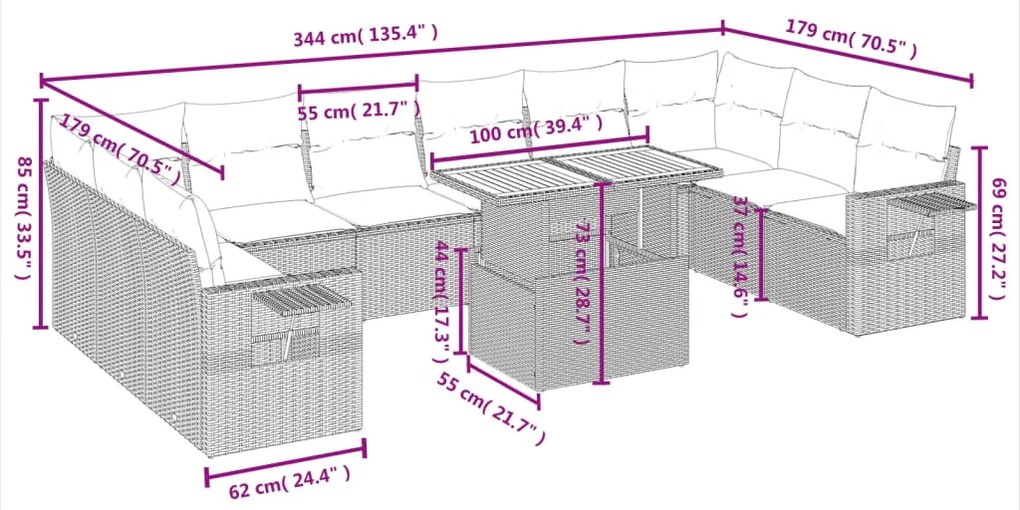 Set Divani da Giardino 11 pz con Cuscini in Polyrattan Nero