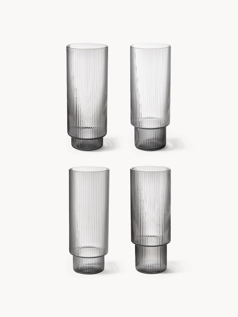 Set di 4 bicchieri da long drink in vetro soffiato con scanalatura in rilievo Ripple, 300 ml