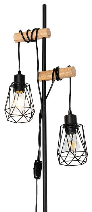 Lampada da terra rustica nera con legno 2 luci con paralume - Dami Frame