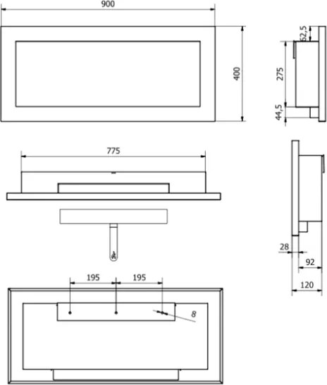 Camino a bioetanolo da parete o incasso Lucca Nero L 90 x P 12 x H 40