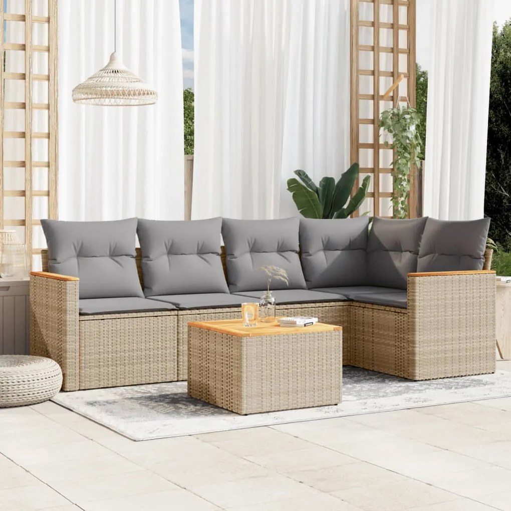 Set divano da giardino 6 pz con cuscini beige in polyrattan