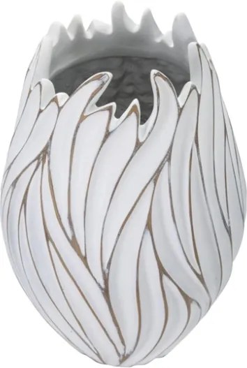 Vaso ovale in resina con decorazioni ondulate in rilievo Ø 27X41,5 cm bianco