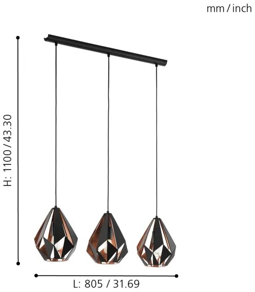 Eglo 49991 - Lampada a sospensione CARLTON 1 3xE27/60W/230V