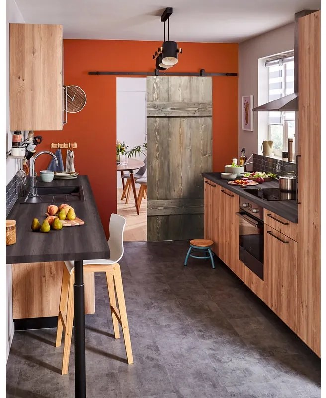 Porta scorrevole reversibile Barn Wengé in acciaio beige, L 96 x H 215 cm, con binario Retro