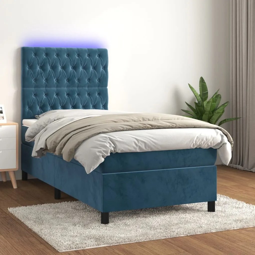 Letto A Molle Con Materasso E Led Blu Scuro 90x200cm İn Velluto /