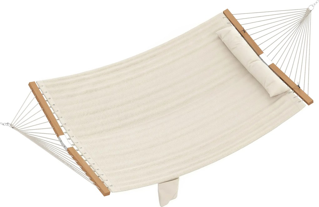 Amaca da Giardino 325x140x2,5 cm con Cuscino e Tasca in Poliestere con Barre di Legno Bianco Crema...
