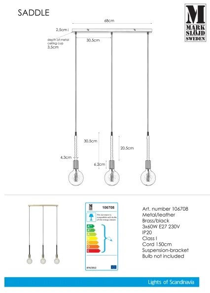 Markslöjd 106708 - Lampadario a sospensione con filo SEDLO 3xE27/60W/230V