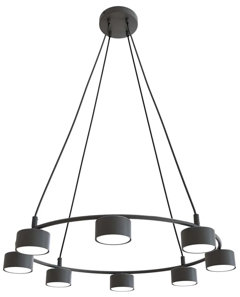 Lampadario Moderno 8 Luci Odin In Acciaio Nero Ad Anello E Cilindri