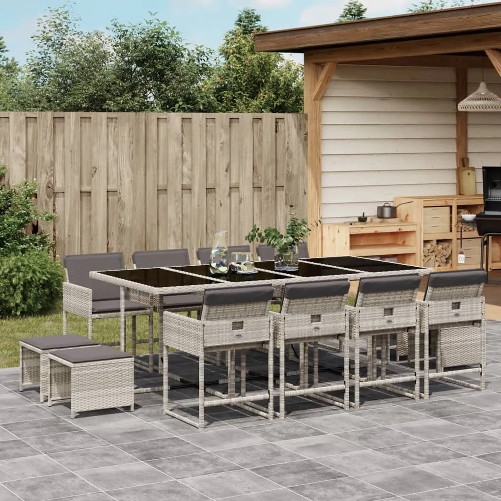 Set da pranzo da giardino 13pz con cuscini grigio in polyrattan