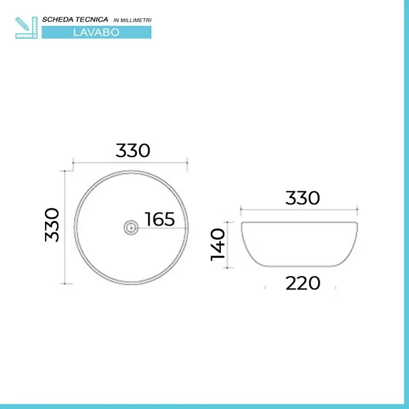Lavabo da appoggio tondo 33 cm nero lucido in ceramica Zelos