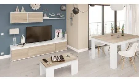Parete Attrezzata Salotto Odessa, Mobile TV 200cm + Pensile Con Ante A Ribalta, Bianco Lucido/rovere - Design Moderno Salvaspazio