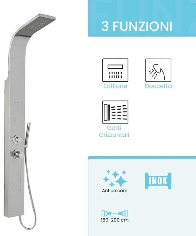 Pannello doccia multifunzione spazzolato con 3 getti in acciaio inox