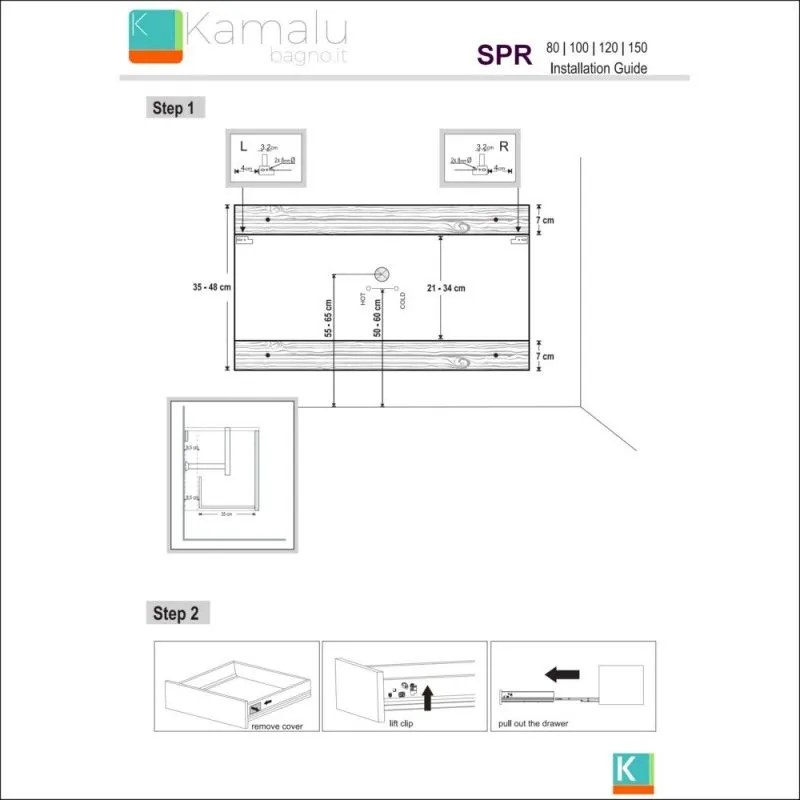 Kamalu - mobile bagno 150cm doppio lavabo bicolore con 4 cassetti spr-150d