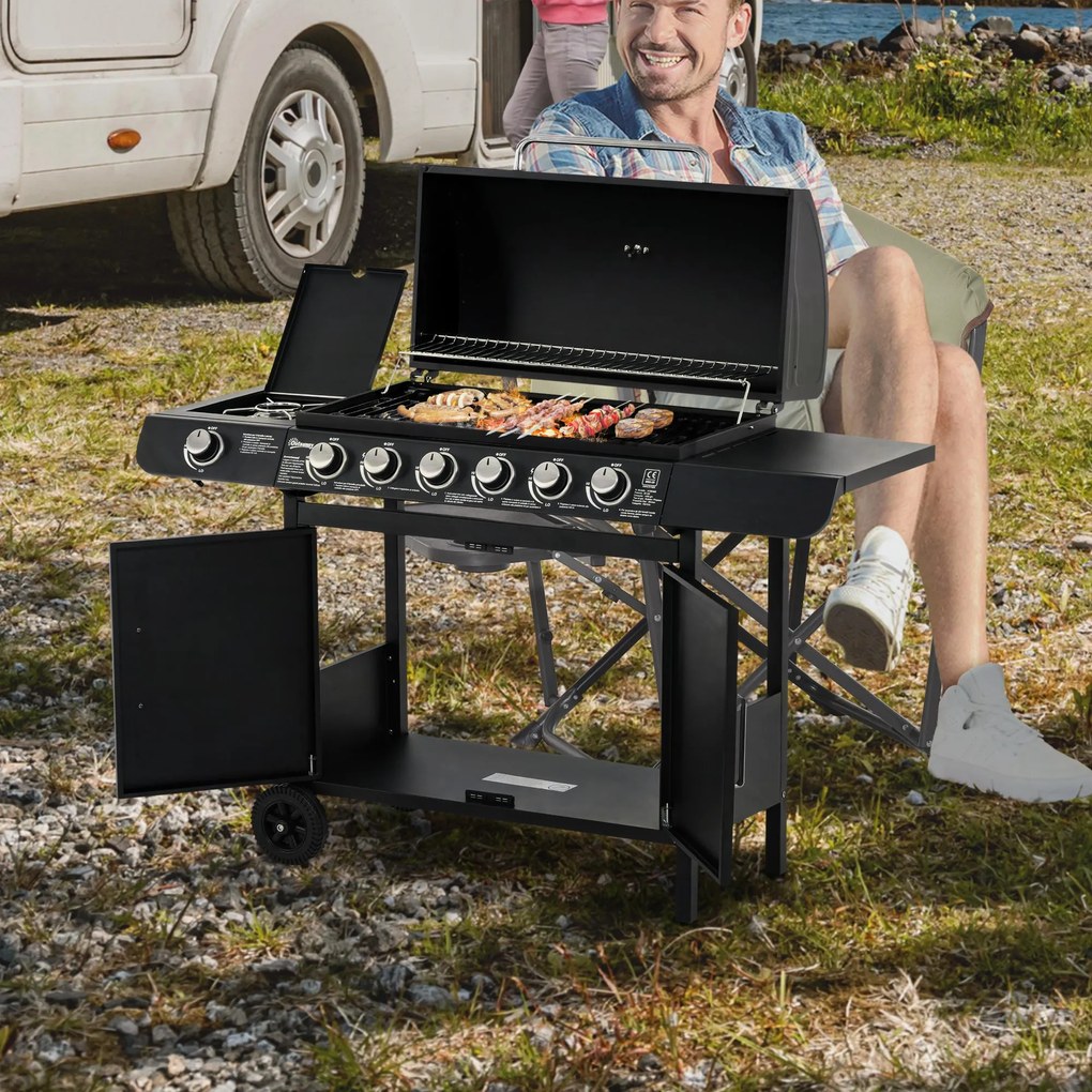 Barbecue a Gas GPL 7 Fuochi 135x50x100 cm con Fornello Laterale Nero...
