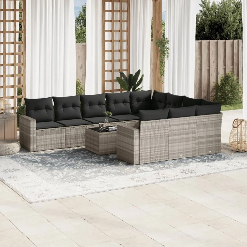 Set divani da giardino 11 pz con cuscini in polyrattan grigio