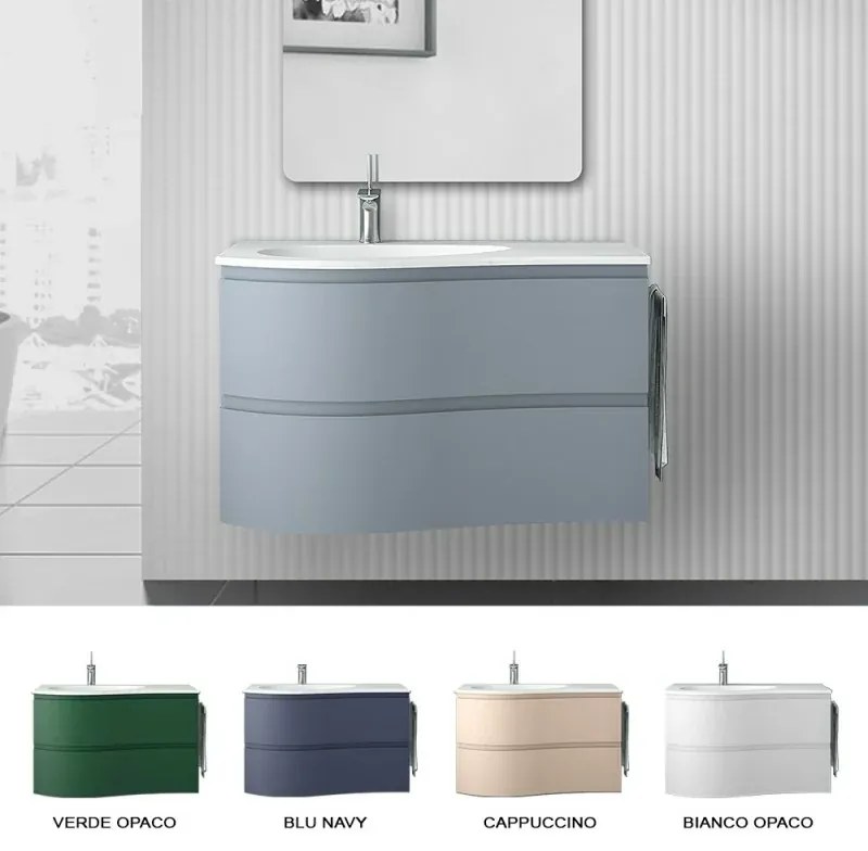 Mobile bagno sospeso 90 cm Melody azzurro polvere con vasca a sinistra