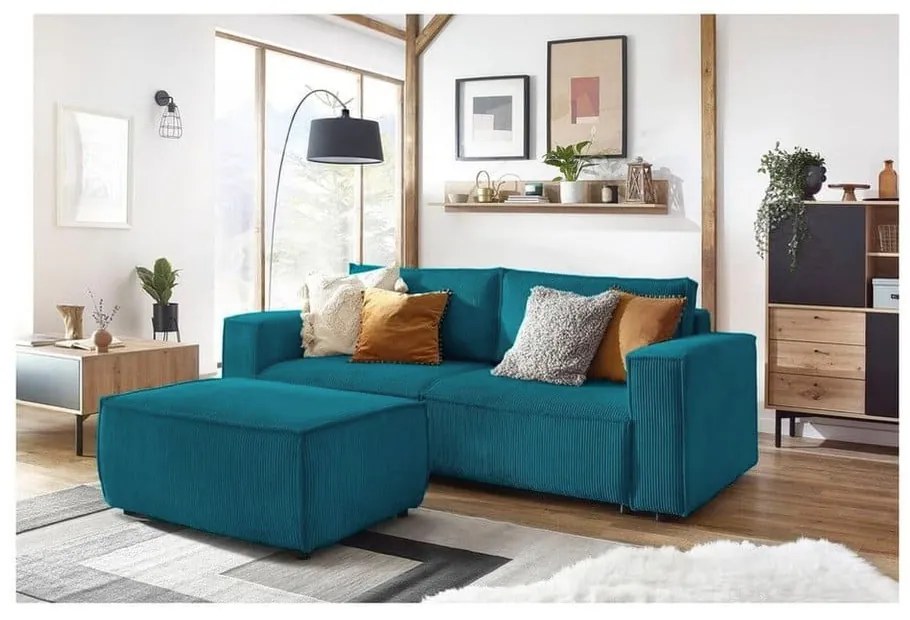 Poggiapiedi turchese con rivestimento in velluto a coste Nihad – Bobochic Paris