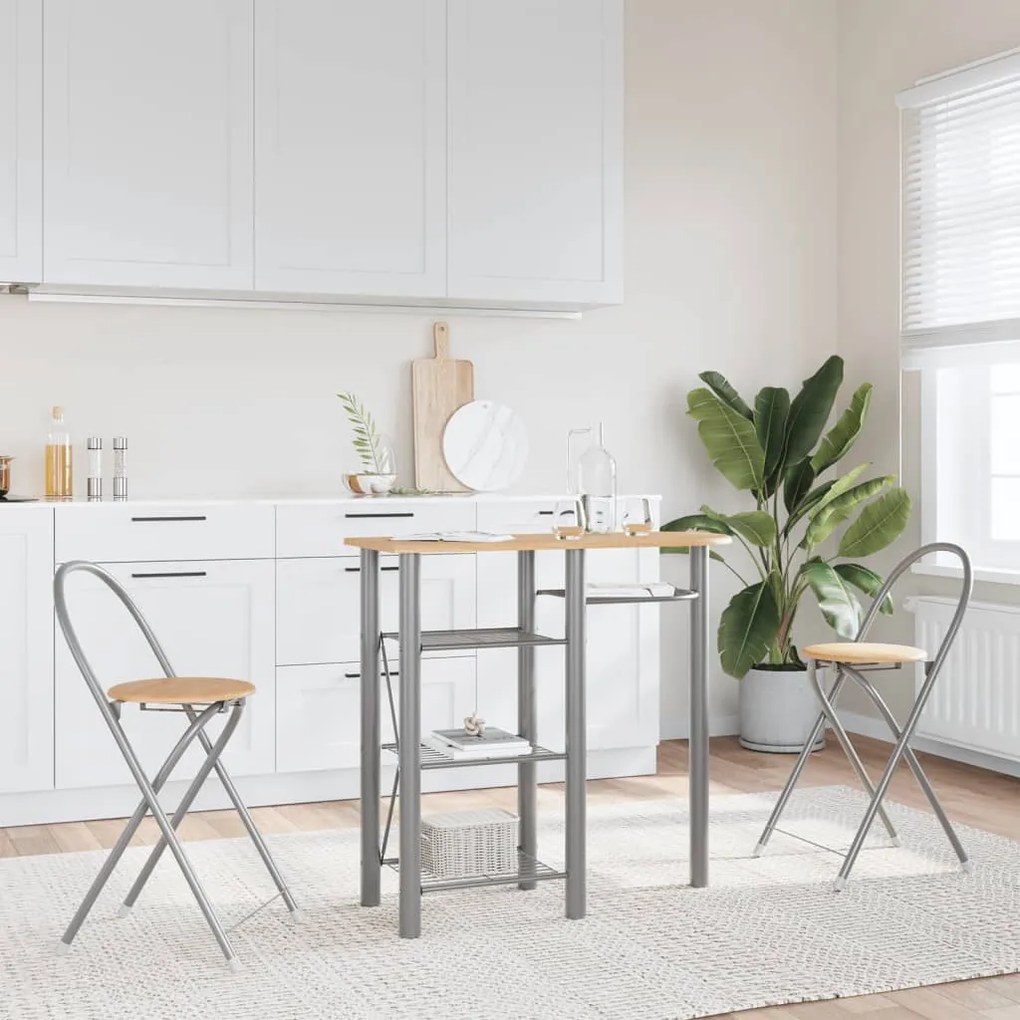 Set Da Bar 3 Pz Grigio E Marrone İn Legno Multistrato E Ferro /
