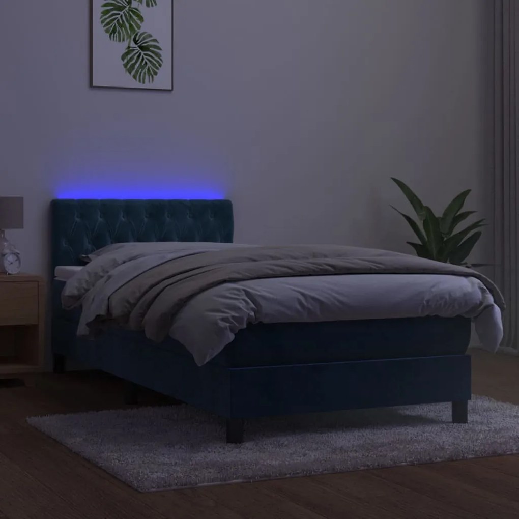 Letto a Molle con Materasso e LED Blu Scuro 100x200 cm