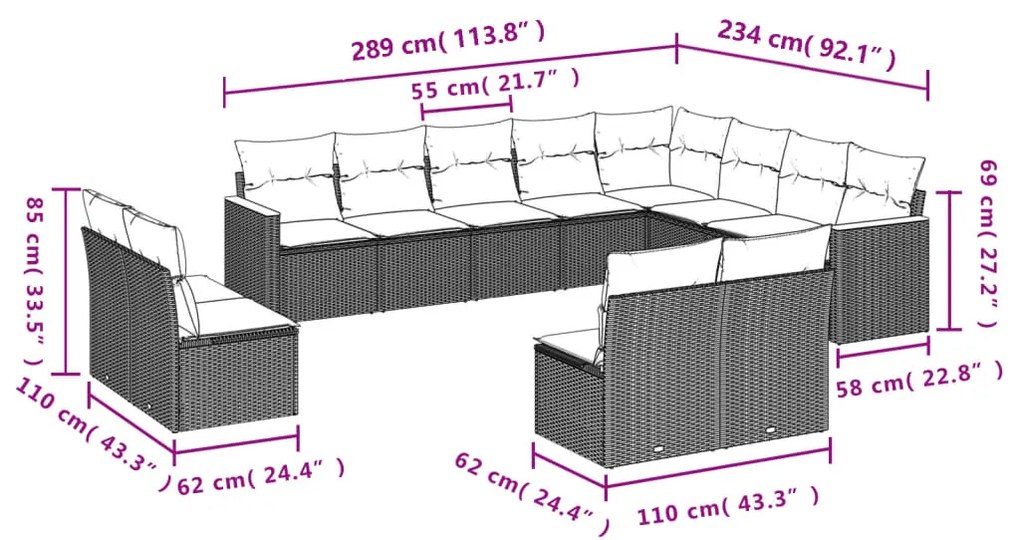 Set Divani da Giardino 12 pz con Cuscini Grigio in Polyrattan