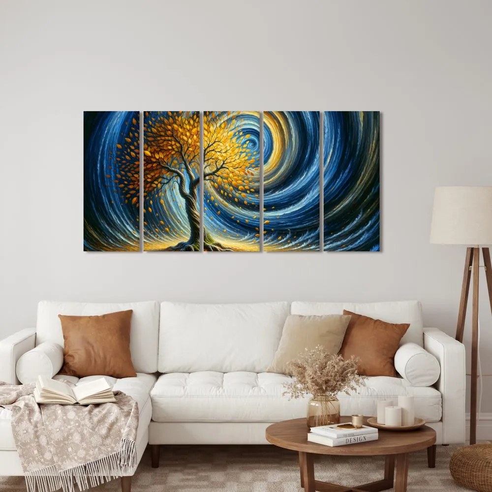 Quadri 5 pezzi – Albero della vita dorato nel vortice della notte