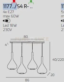 Sospensione ottone sat. 4 luci rettangolare vetri 2x tr + 2x am 117...