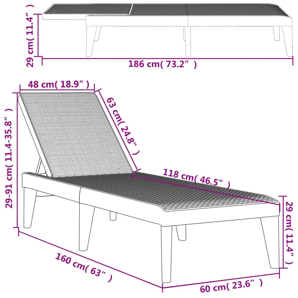 Lettino Antracite 186x60x29 cm in PP