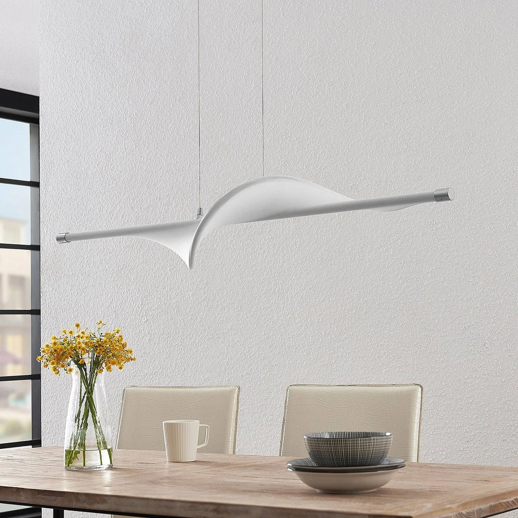 Lucande lampada LED a sospensione Edano, 122 cm, bianco, tessuto, dimmerabile