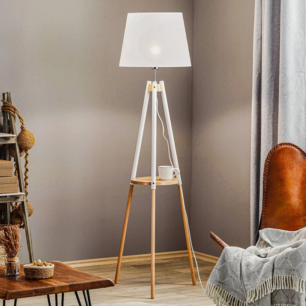 TK Lighting Lampada da terra Vaio Base in legno a tre gambe, paralume bianco