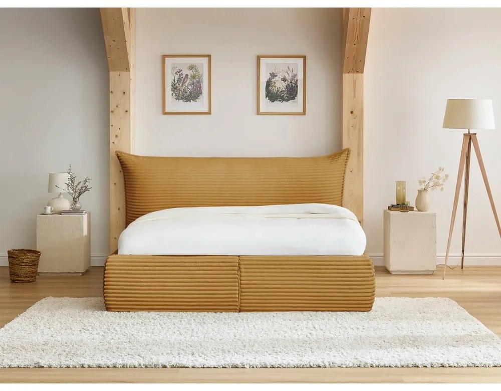 Letto matrimoniale giallo imbottito con spazio contenitivo con griglia inclusa 160x200 cm Jade – Bobochic Paris