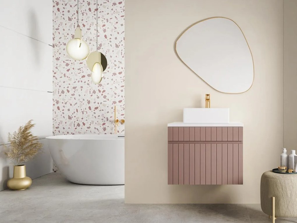 Mobile per bagno sospeso scanalato con lavabo da appoggio 60 cm Rosa - SATARA