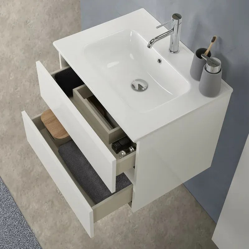 Mobile bagno sospeso 60cm in legno bianco lucido 2 cassettoni con lavabo e specchio Leda