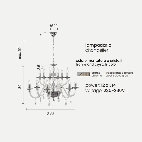 Lampadario sospeso LIVIA D85 cm in vetro e cristallo Tortora 12 luci