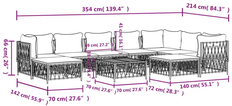 Set Salotto da Giardino 10 pz con Cuscini in Acciaio Bianco