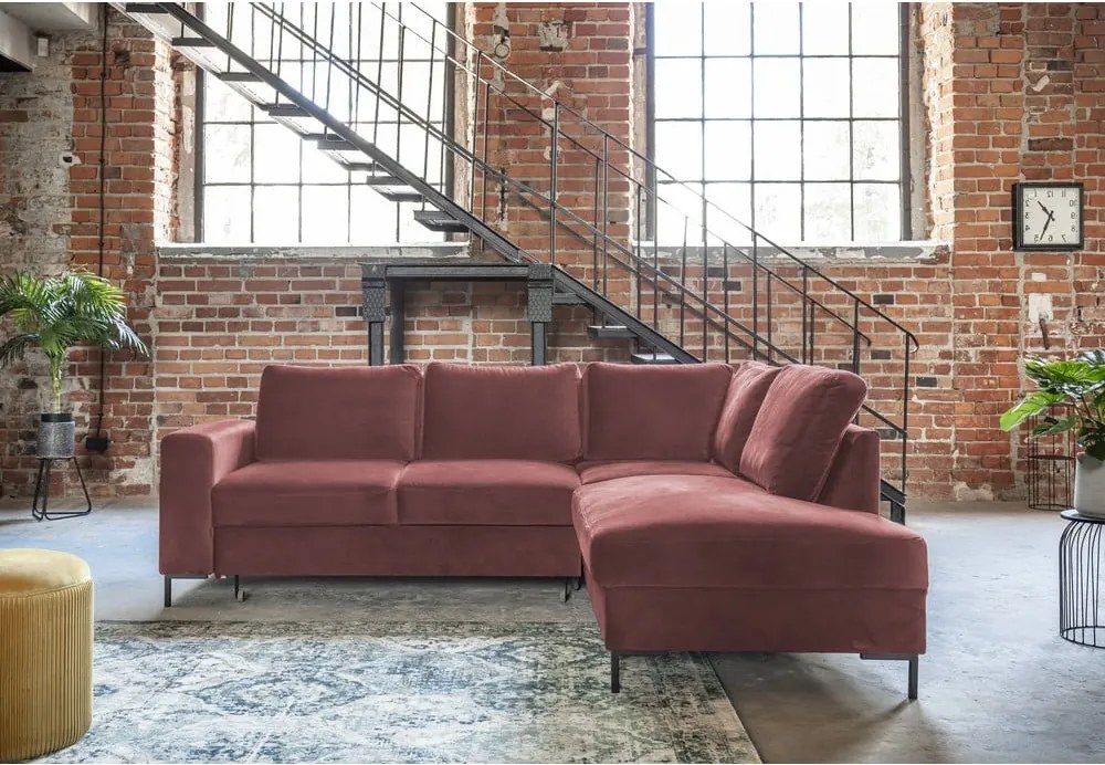 Divano letto angolare in velluto rosa (angolo destro) Lofty Lilly - Miuform