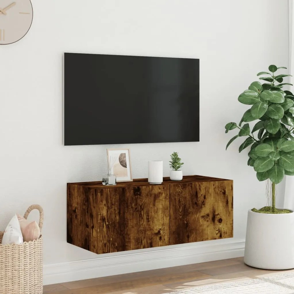 Mobile tv a parete con luci led rovere fumo 80x35x31 cm