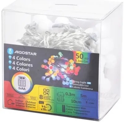 Aigostar - Catena luminosa natalizia LED per esterni 50xLED/3xAA/8 funzioni 5,3 m IP44 multicolore