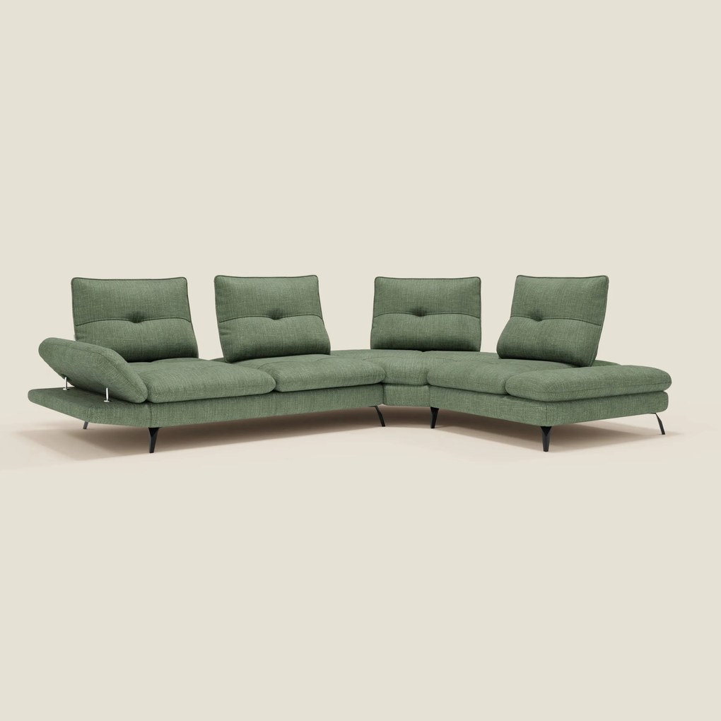 Ardex Divano Angolare - schienali traslanti e bracciolo regolabile in elegante tessuto impermeabile T06 verde