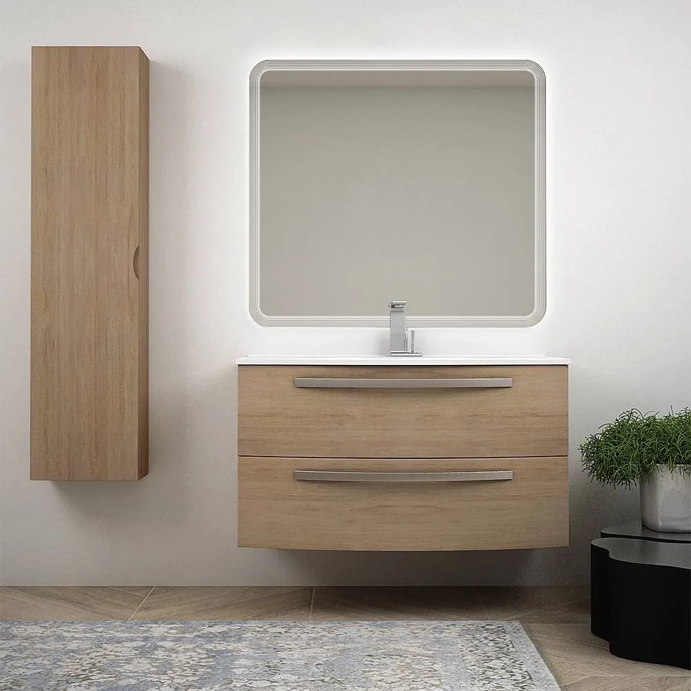 Mobile bagno sospeso moderno 100 cm rovere tabacco con lavabo ceramica specchio retroilluminato e colonna Mod. Berlino