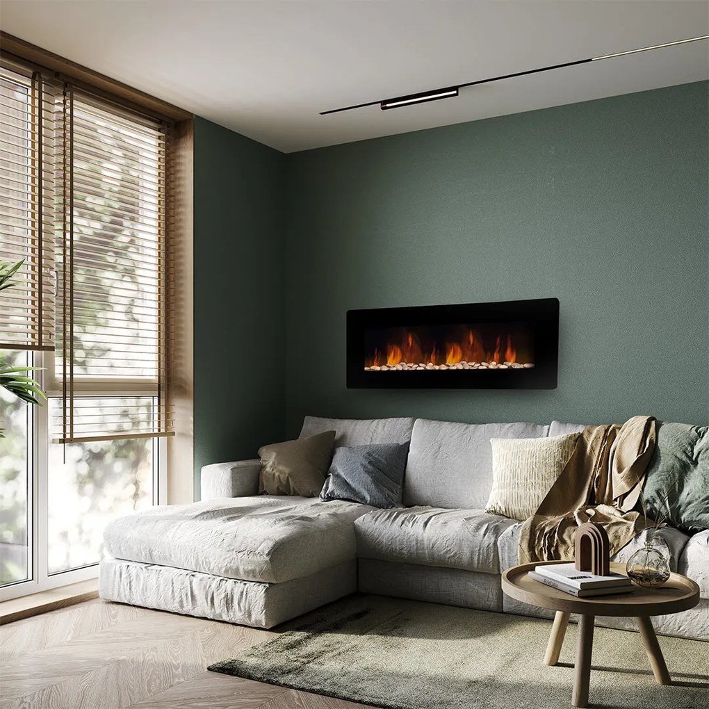 Camino Elettrico da Parete Effetto Fiamma 127x11x50 cm 900W/1800W Nero...