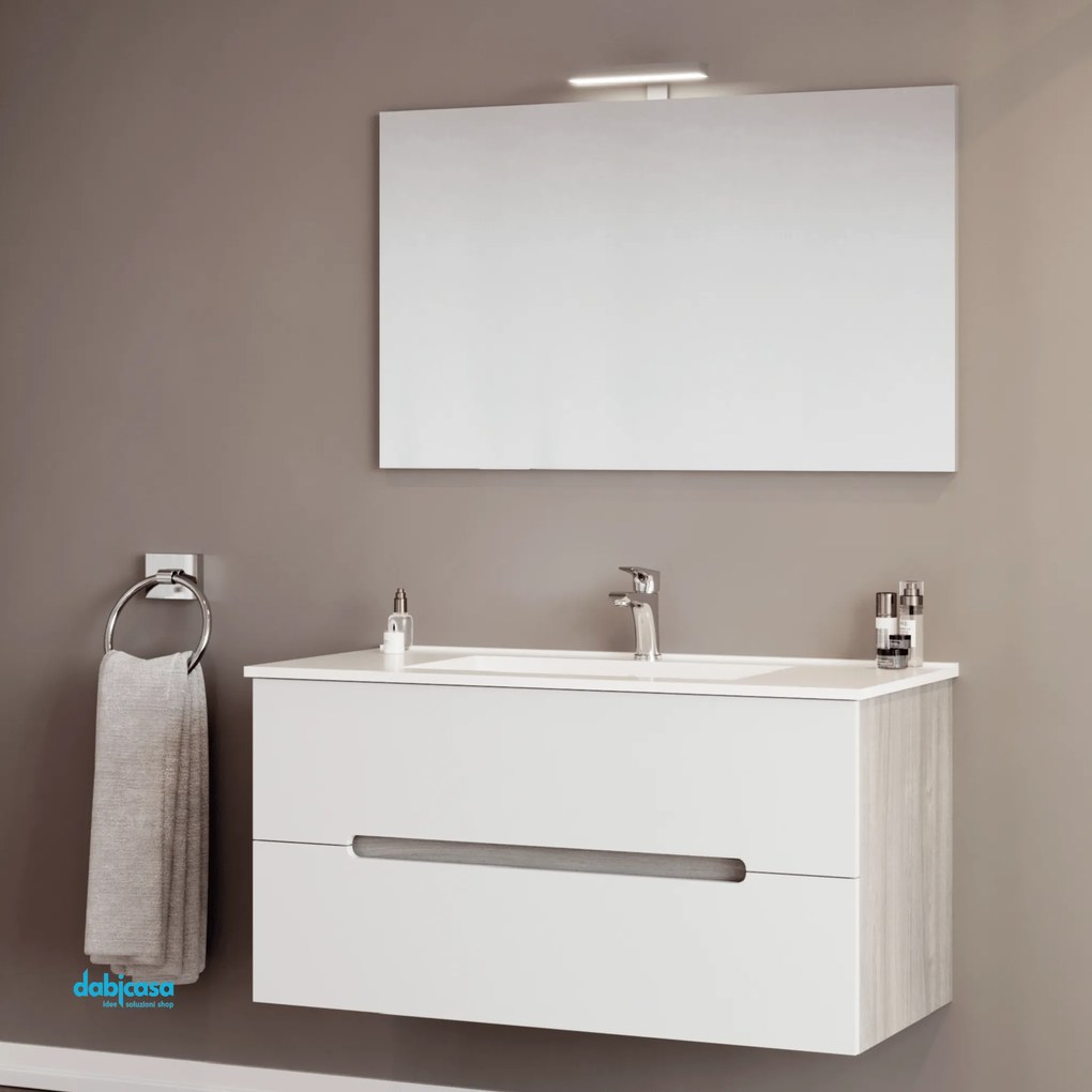 Mobile Bagno Sospeso "Iris" Da 80 Cm Composto Da Due Cassetti Lavabo E Specchio Con Lampada Led Finitura Rovere Grigio/Bianco Opaco